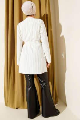 Çizgili Kuşaklı Uzun Hırka Beyaz Yeşil - Yılın Fırsatı