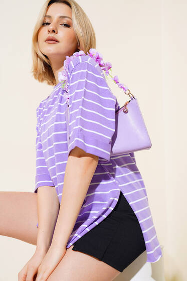 Çizgili Lila Tshirt - Yeni Giyim
