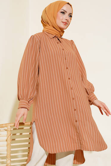 Çizgili Linda Gömlek Latte - Gömlek