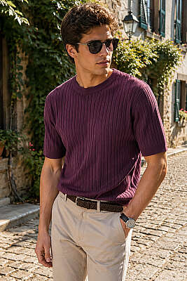 Çizgili Merserize T-shirt Bordo - WİPEOUT