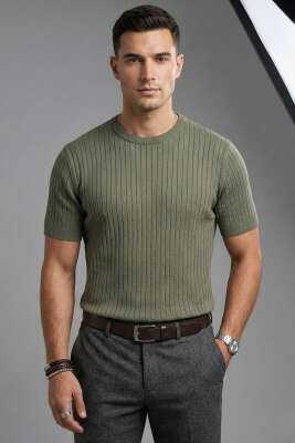 Çizgili Merserize T-shirt Haki - WİPEOUT