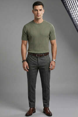 Çizgili Merserize T-shirt Haki - Erkek T-shirt