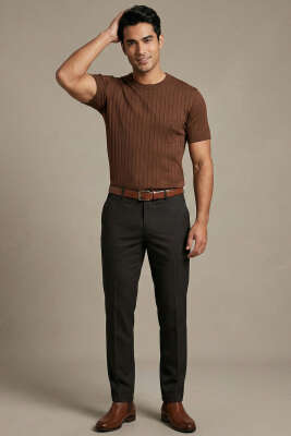 Çizgili Merserize T-shirt Kahve - Erkek T-shirt