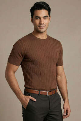 Çizgili Merserize T-shirt Kahve 