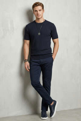 Çizgili Merserize T-shirt Lacivert - Erkek T-shirt