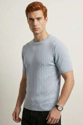 Çizgili Merserize T-shirt Mavi 