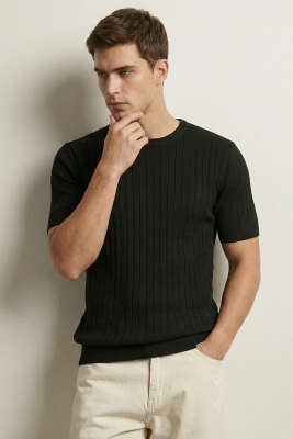 Çizgili Merserize T-shirt Siyah 