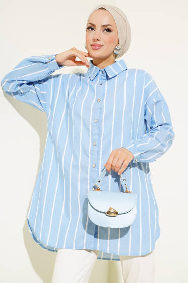 Çizgili Metal Düğmeli Gömlek Buz Mavisi - Gömlek