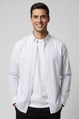 Çizgili Modal Erkek Gömlek Saks - FRESHMAN