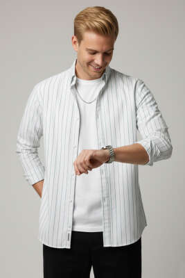 Çizgili Modal Erkek Gömlek Yeşil - FRESHMAN