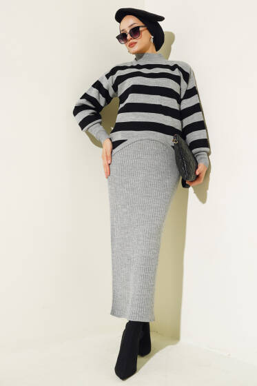 	 Çizgili Model Jileli İkili Takım Gri - Triko