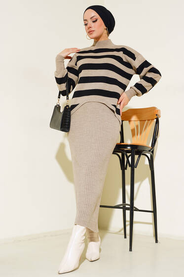Çizgili Model Jileli İkili Takım Vizon - Triko