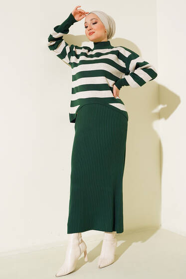 Çizgili Model Jileli İkili Takım Zümrüt Yeşili - Triko