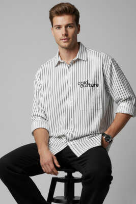 Çizgili Nakış Detaylı Erkek Gömlek Beyaz - FRESHMAN