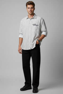 Çizgili Nakış Detaylı Erkek Gömlek Beyaz - Erkek Gömlek