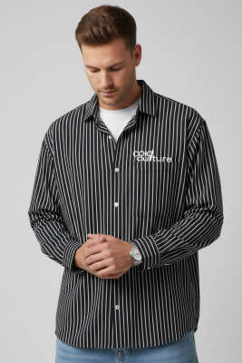 Çizgili Nakış Detaylı Erkek Gömlek Siyah - FRESHMAN