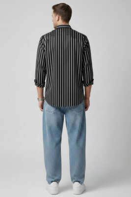 Çizgili Nakış Detaylı Erkek Gömlek Siyah - Erkek Gömlek