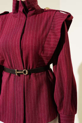 Çizgili Omuz Apoletli Kemerli Ceket Bordo - 500-700 TL Ürünler