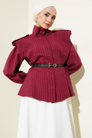 Çizgili Omuz Apoletli Kemerli Ceket Bordo - Ceket