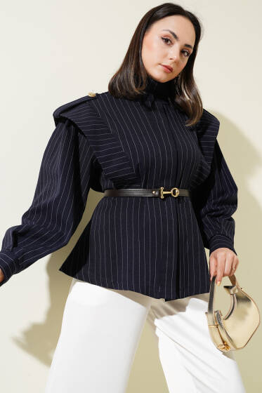 Çizgili Omuz Apoletli Kemerli Ceket Lacivert - Ceket