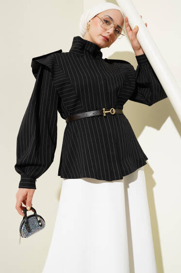 Çizgili Omuz Apoletli Kemerli Ceket Siyah - Ceket