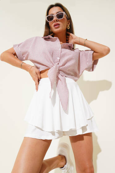 Çizgili Önden Bağlamalı Gömlek Magenta - Kadın Giyim Modelleri