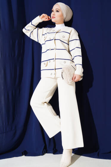Çizgili Önü Düğmeli Triko İkili Takım Ekru - İkili Takım