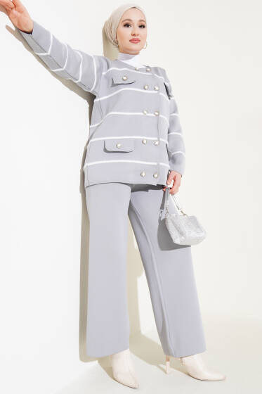 Çizgili Önü Düğmeli Triko İkili Takım Gri - İkili Takım