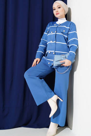 Çizgili Önü Düğmeli Triko İkili Takım İndigo - İkili Takım