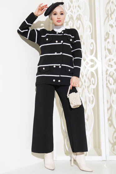 Çizgili Önü Düğmeli Triko İkili Takım Siyah - İkili Takım
