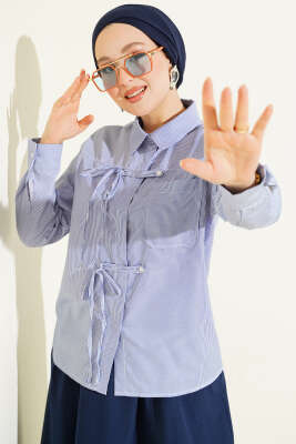 Çizgili Önü İpli Kısa Gömlek Lacivert - DİVON