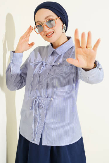 Çizgili Önü İpli Kısa Gömlek Lacivert - Gömlek