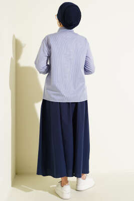 Çizgili Önü İpli Kısa Gömlek Lacivert - Gömlek