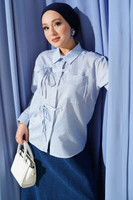 Çizgili Önü İpli Kısa Gömlek Mavi - DİVON