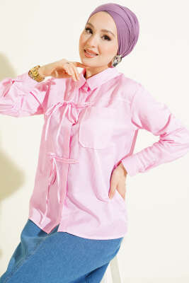 Çizgili Önü İpli Kısa Gömlek Pembe - DİVON