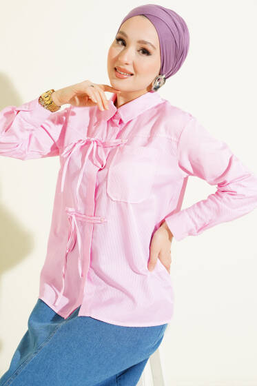 Çizgili Önü İpli Kısa Gömlek Pembe - Gömlek