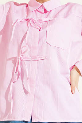 Çizgili Önü İpli Kısa Gömlek Pembe - Gömlek