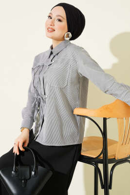 Çizgili Önü İpli Kısa Gömlek Siyah - DİVON