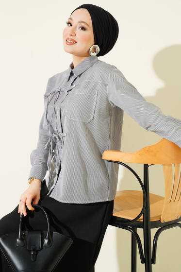 Çizgili Önü İpli Kısa Gömlek Siyah - Gömlek