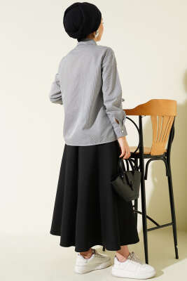 Çizgili Önü İpli Kısa Gömlek Siyah - Gömlek