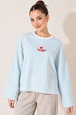 Çizgili Önü Nakışlı Sweatshirt Mavi - LUSTRİN