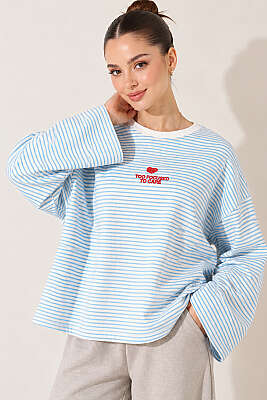 Çizgili Önü Nakışlı Sweatshirt Mavi - Kadın Giyim Modelleri