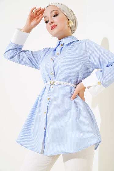 Çizgili Örgü Kemerli Gömlek Bebe Mavi - Gömlek