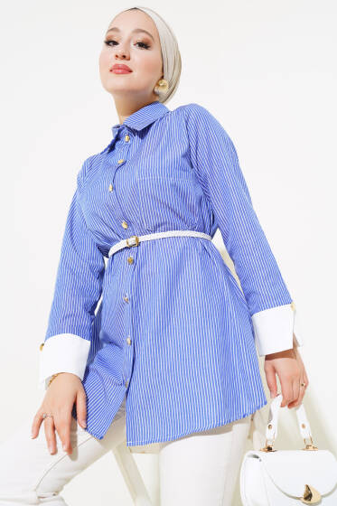 Çizgili Örgü Kemerli Gömlek Mavi - Gömlek