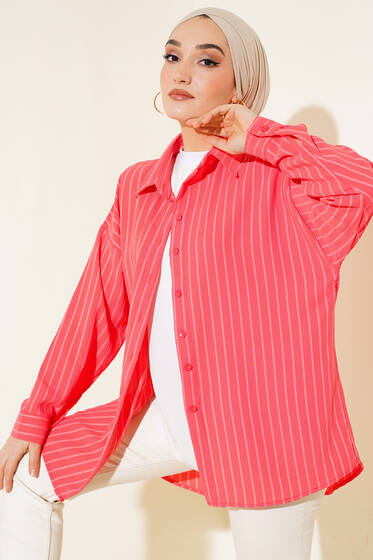 Çizgili Oversize Arkası Pileli Gömlek Alizarin - Gömlek
