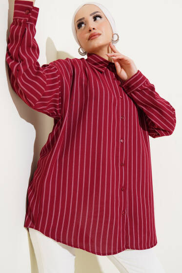 Çizgili Oversize Arkası Pileli Gömlek Bordo - Gömlek