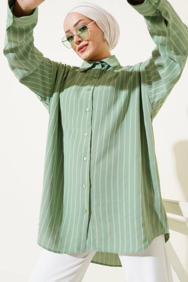 Çizgili Oversize Arkası Pileli Gömlek Çağla Yeşili - Gömlek