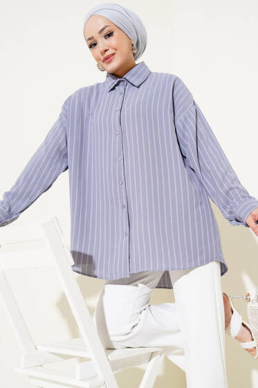 Çizgili Oversize Arkası Pileli Gömlek Gri - Gömlek