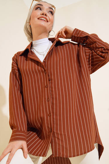 Çizgili Oversize Arkası Pileli Gömlek Kahve - Gömlek