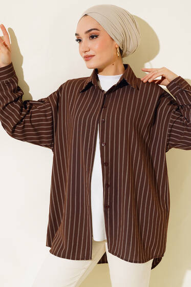 Çizgili Oversize Arkası Pileli Gömlek Kestane - Gömlek